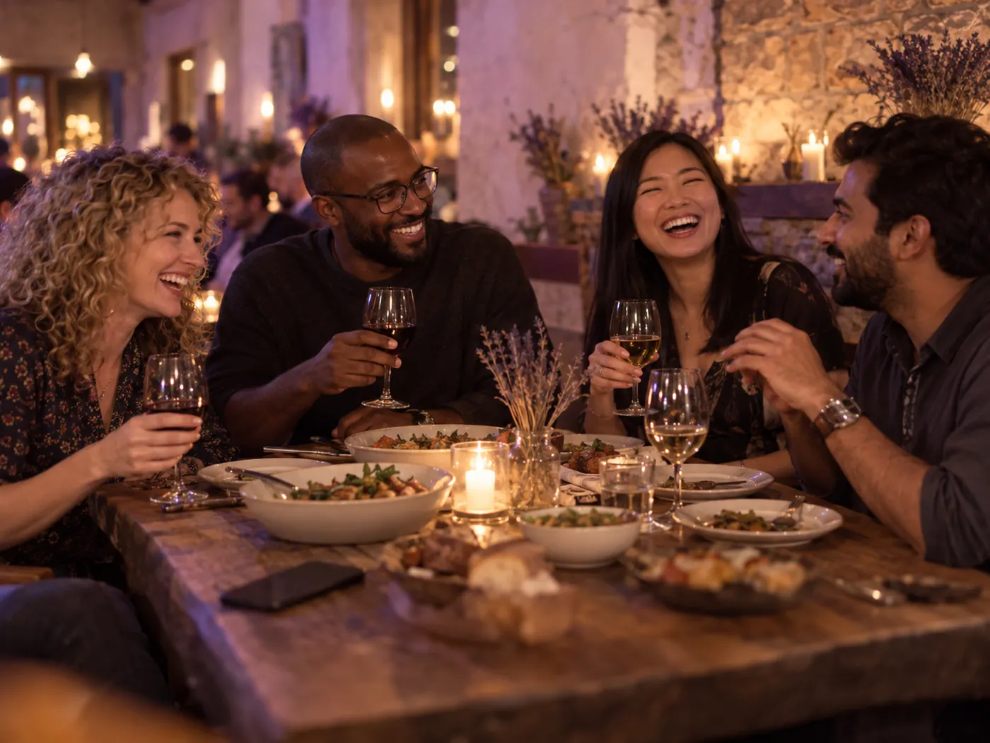 Four friends laughing over a candlelit dinner, one phone face down on the table.
