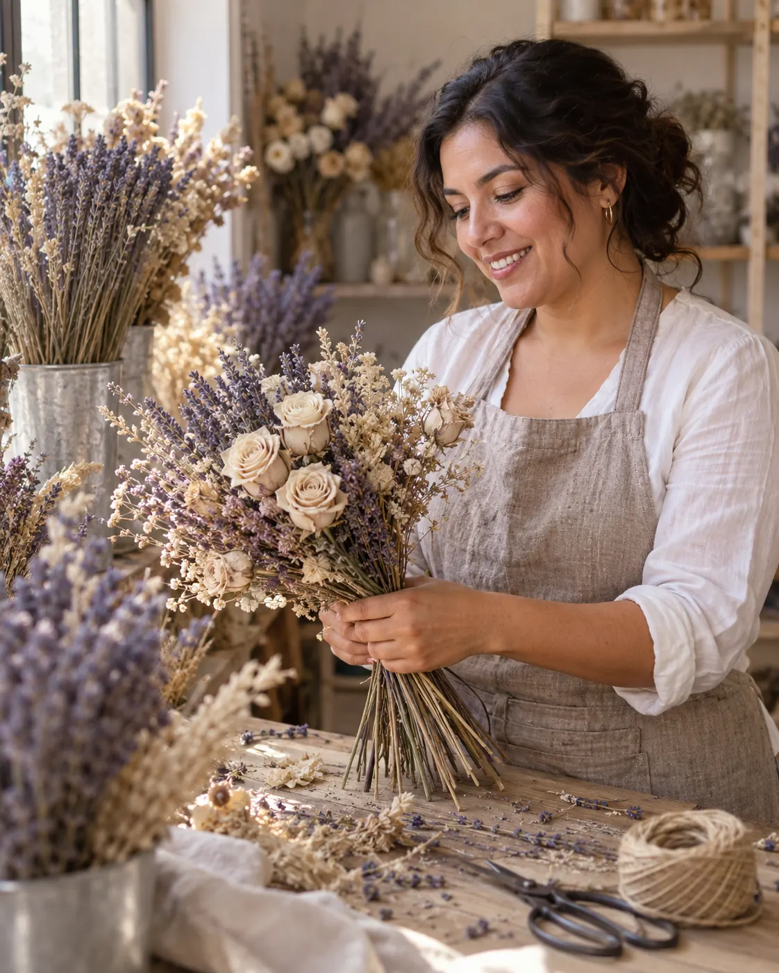 A florist smiling as she arranges lavender and cream roses in her shop.