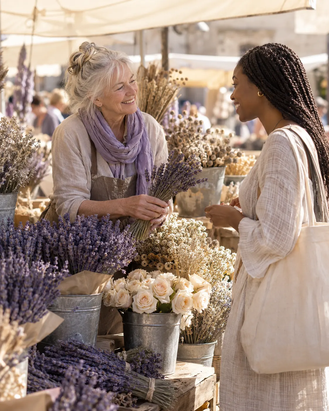 A flower seller with silver hair chatting with a customer at her lavender market stall.