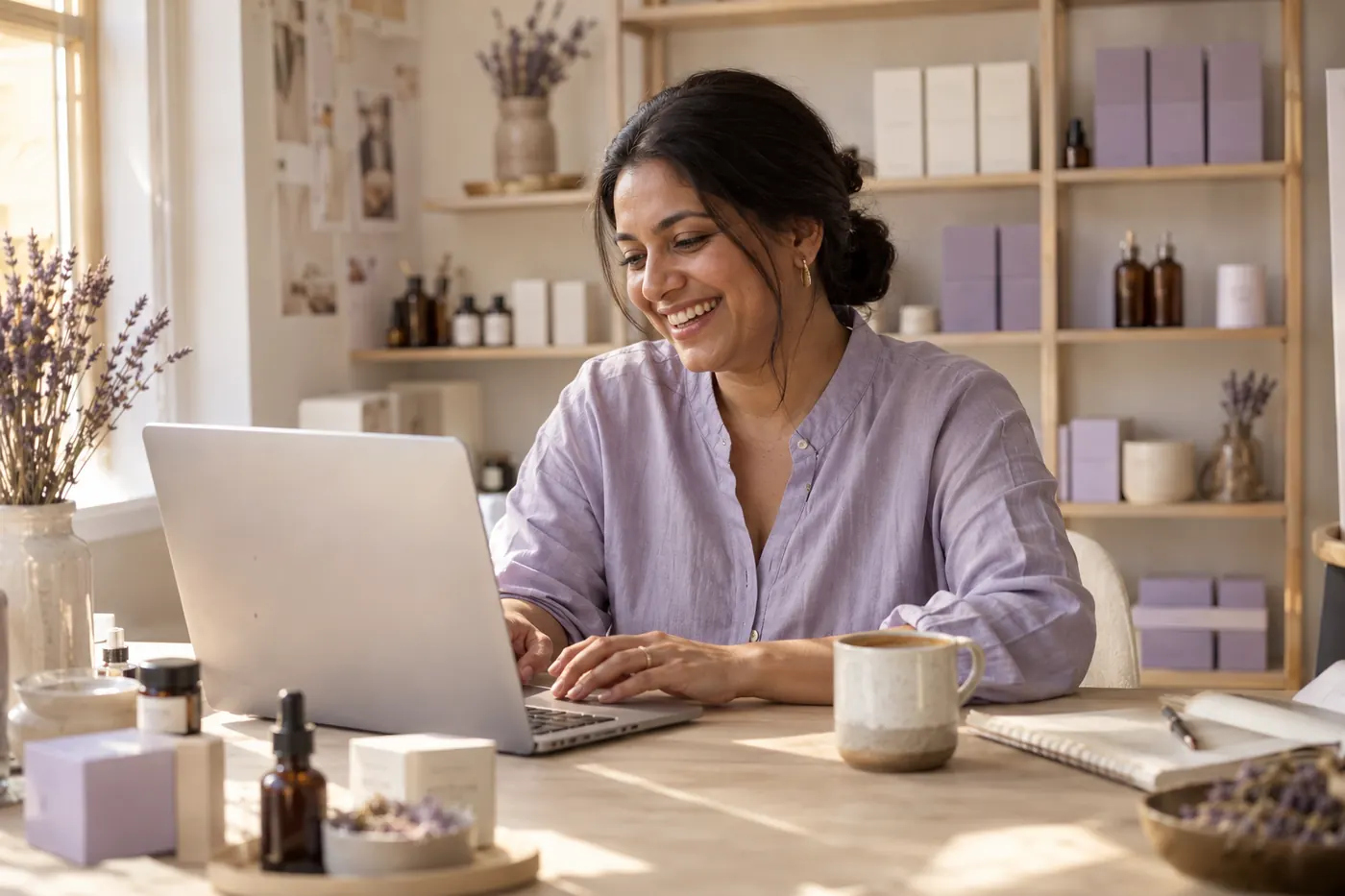 A skincare brand founder laughing at her laptop in a bright studio lined with product boxes.