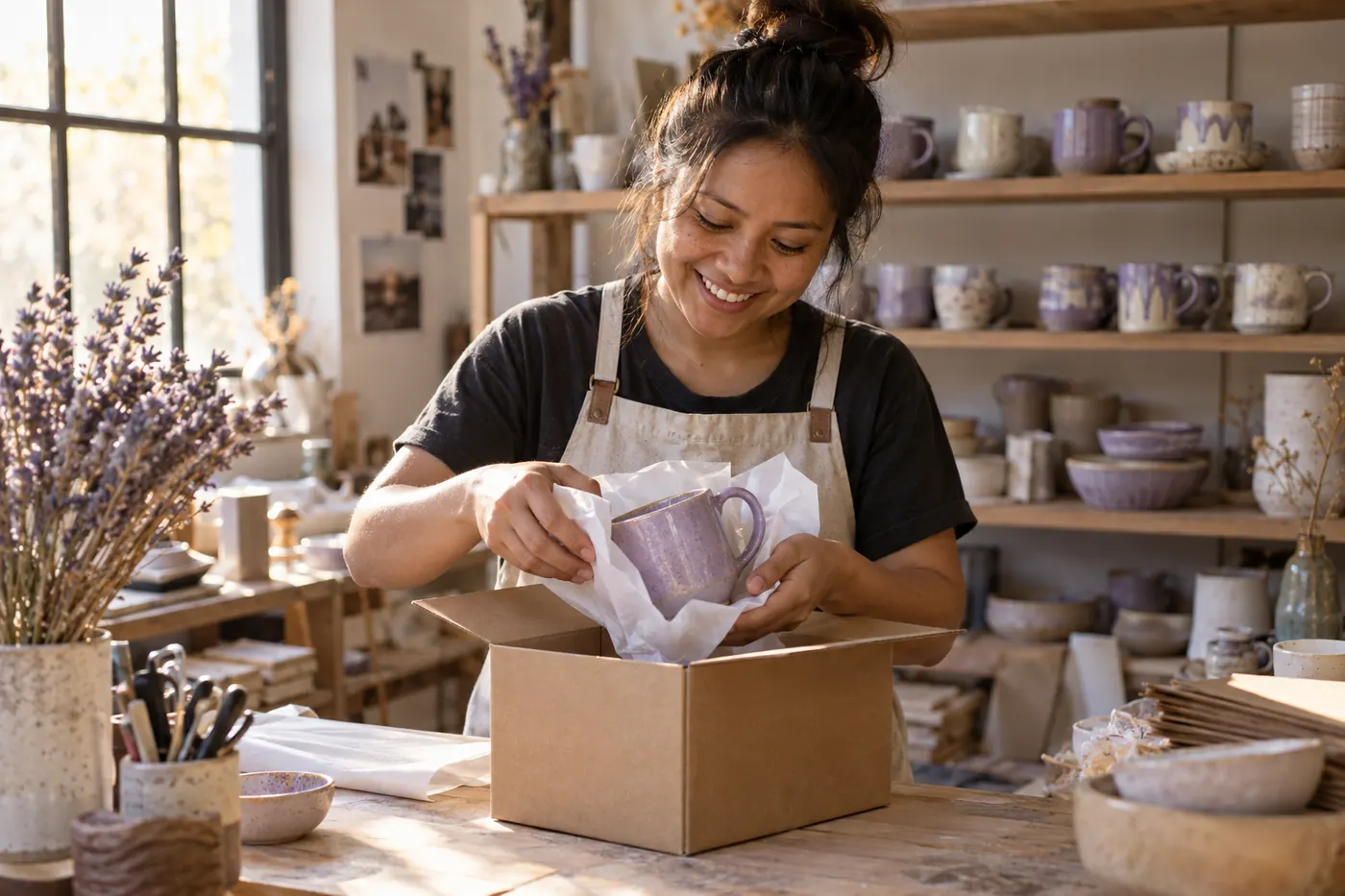 A ceramics brand owner packing a handmade mug into a box in her sunlit studio.