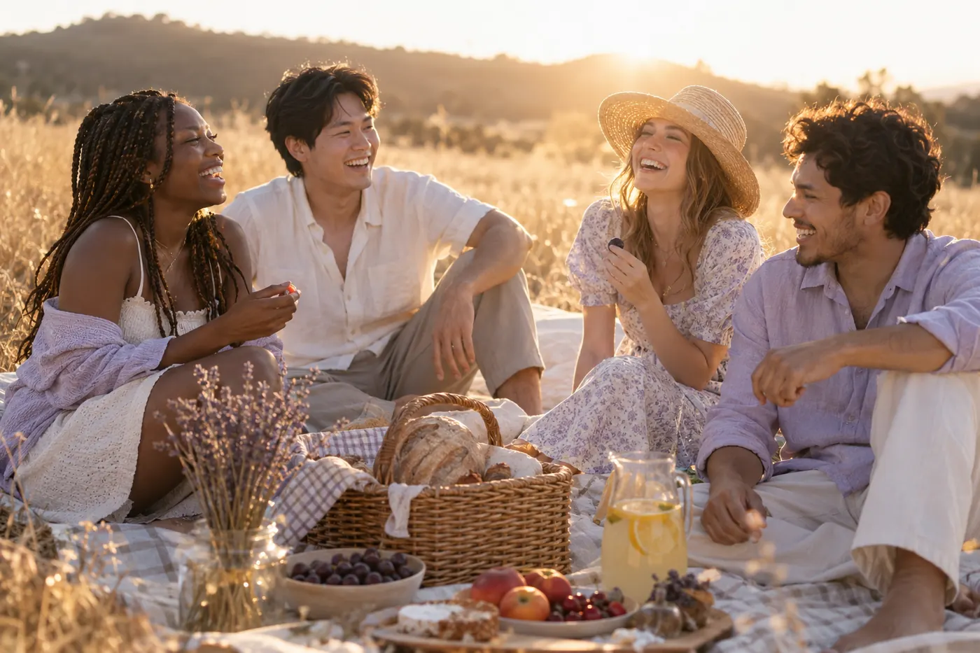 Four friends laughing on a picnic blanket in a field at golden hour.