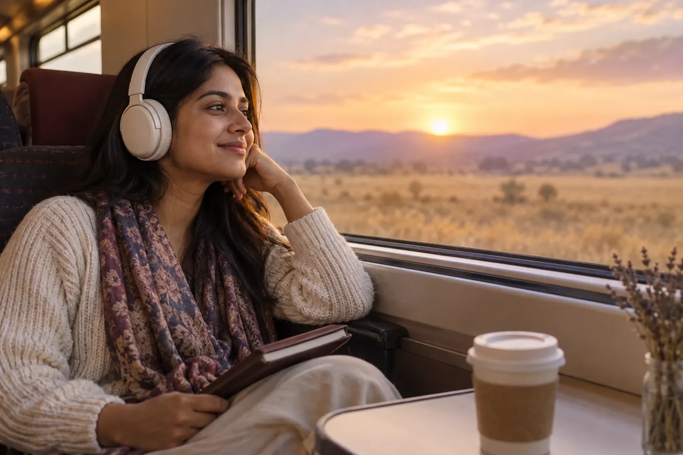 A creator with headphones looking out of a train window at golden hour.