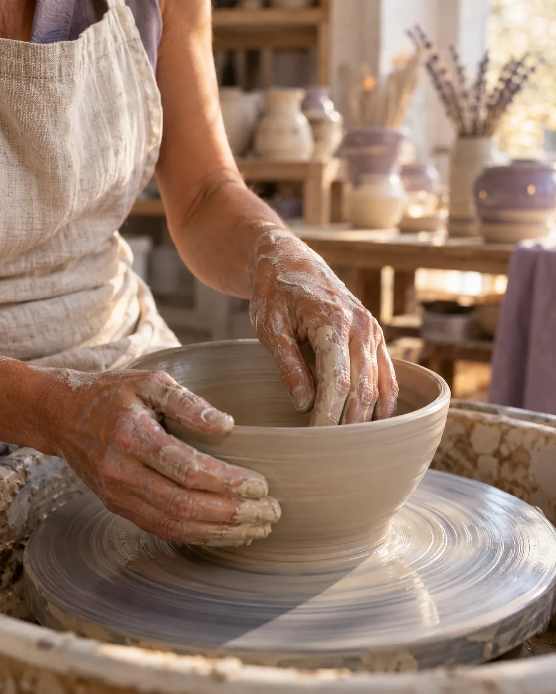 A ceramicist's hands shaping a bowl on a pottery wheel.